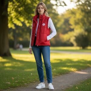 HBC Canadian Olympic Team Red Puffer Vest Women Ribbed Trim Canada Fall Winter